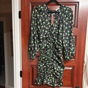 Sandro Black Mini Dress with Green Floral Ruched Front